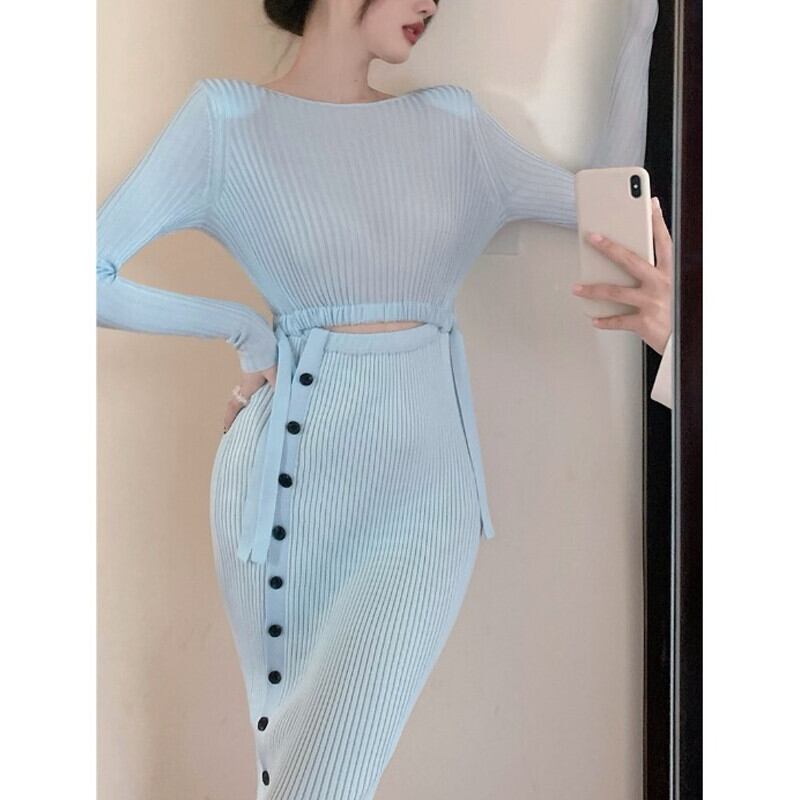 ニットドレス ウェストスカート オータムウィンター ロング 秋物 冬物 ピュア ガールズファッション49605843389