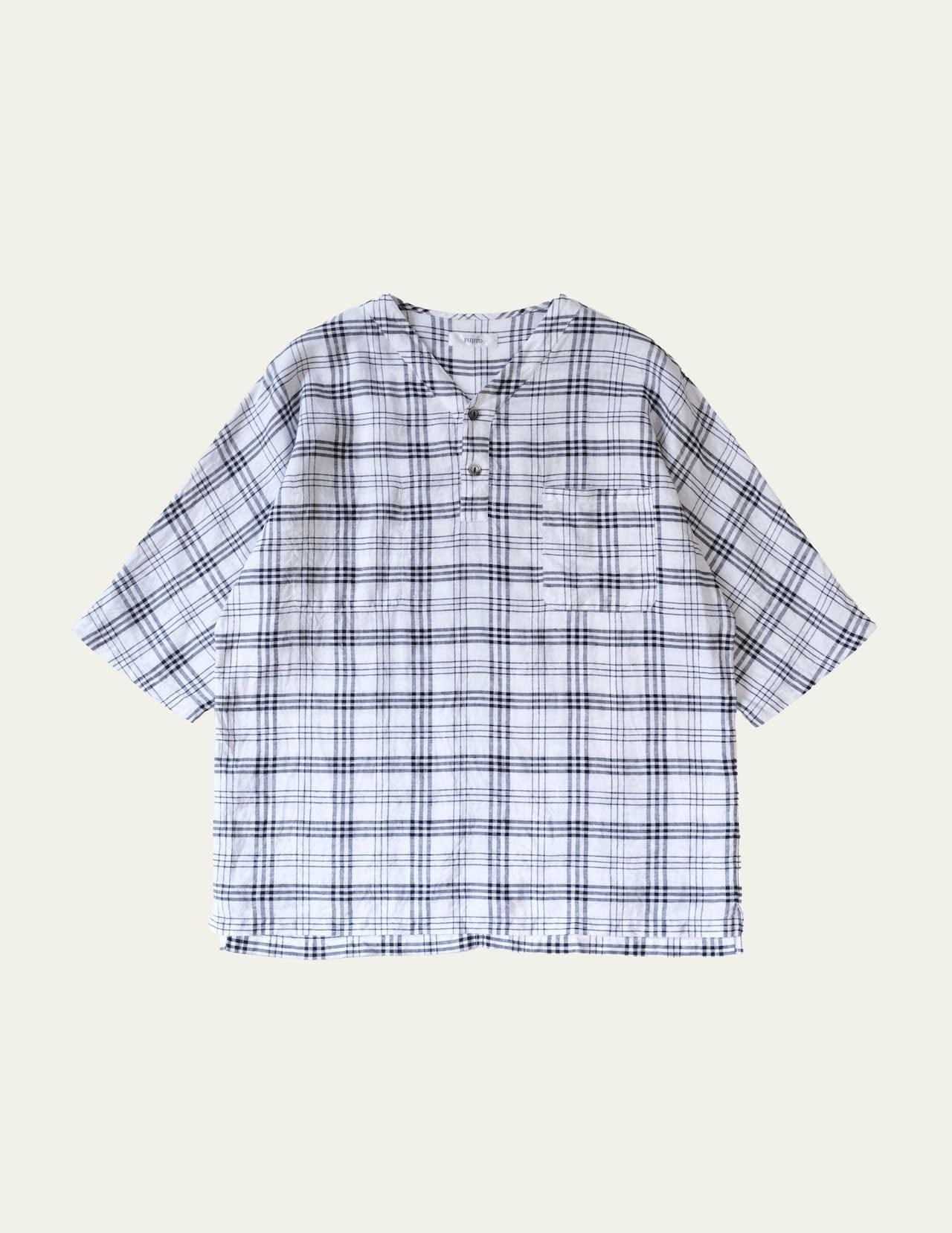 FUJITO Henley Neck Shirt Black Check,Beige Check