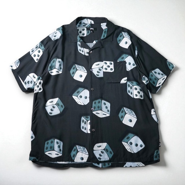 "STUSSY" Dice design rayon open collar S/S shirt "BLACK"