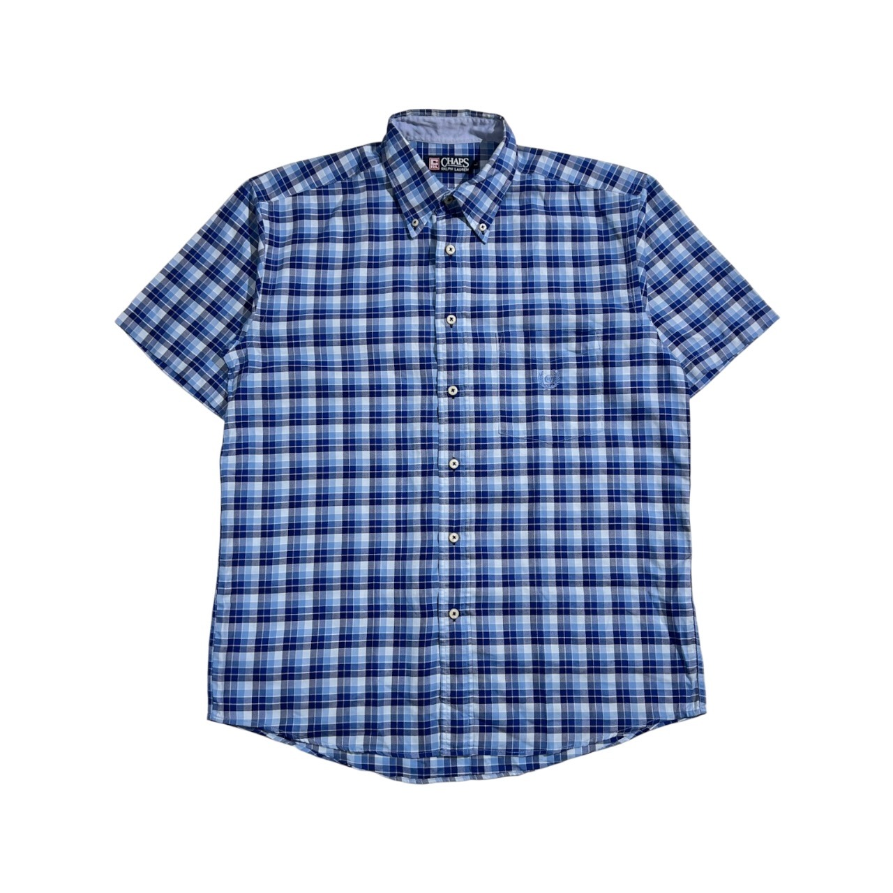90s CHAPS RALPH LAUREN チャップス ラルフローレン チェック柄 BD ボタンダウン オックスフォード 半袖 シャツ サイズ L /ブルー系 メンズ ビンテージ