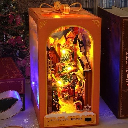 DIY ブックエンド ミニチュア ハウス 手作り 組み立て 模型 クリエイティブ 誕生日 プレゼント クリスマス おしゃれ インテリア ホリデー 木製 3Dパズル オレンジ 北欧 LEDライト