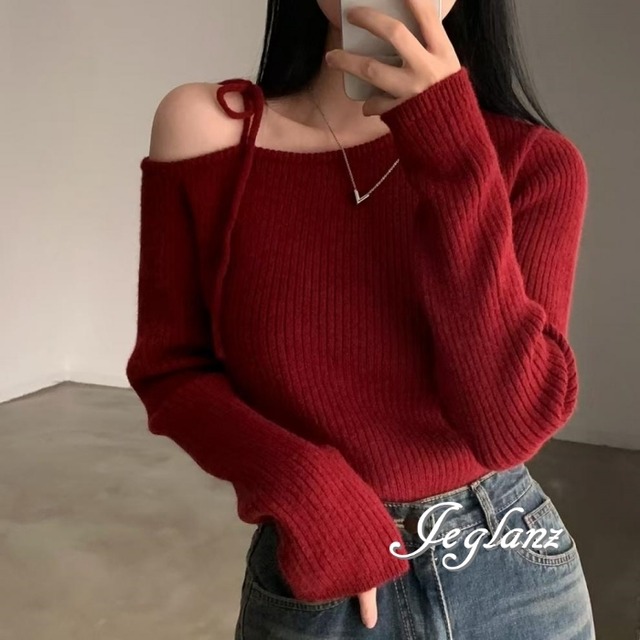 3色 ニット カットソー ワンショル 肩リボン アシメ （MB458）σ，ς＊