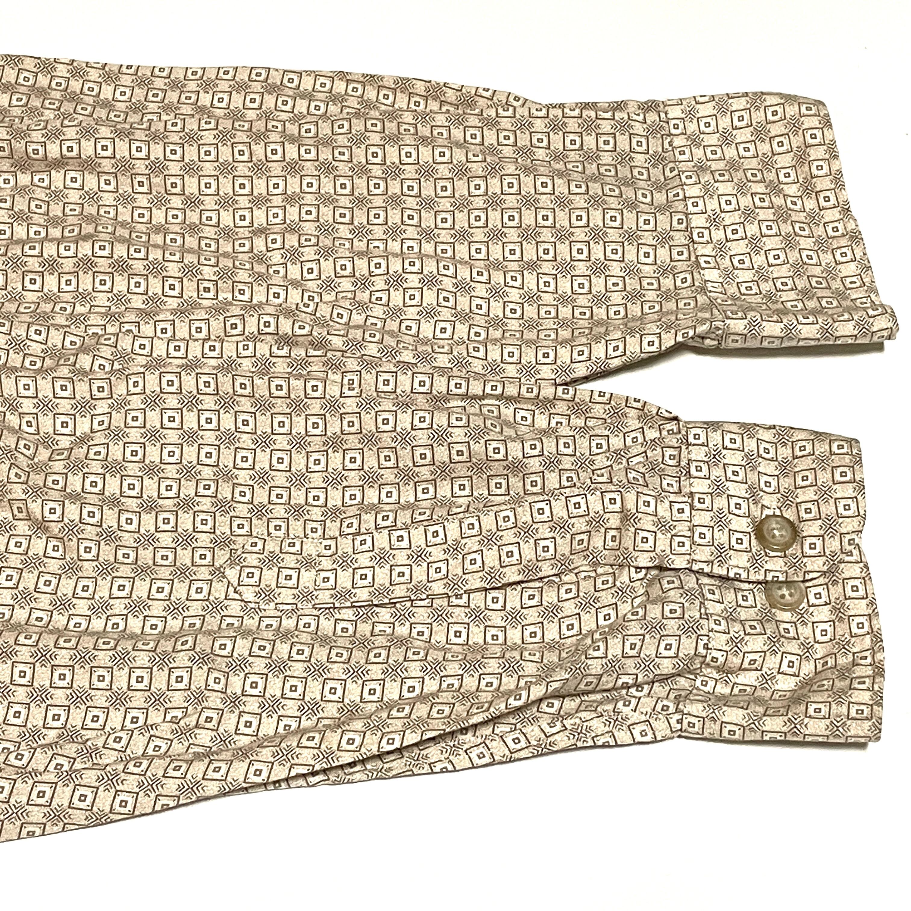 90s ビンテージ レーヨンシャツ 長袖シャツ(総柄,XLサイズ) 襟芯なし 薄手オンス