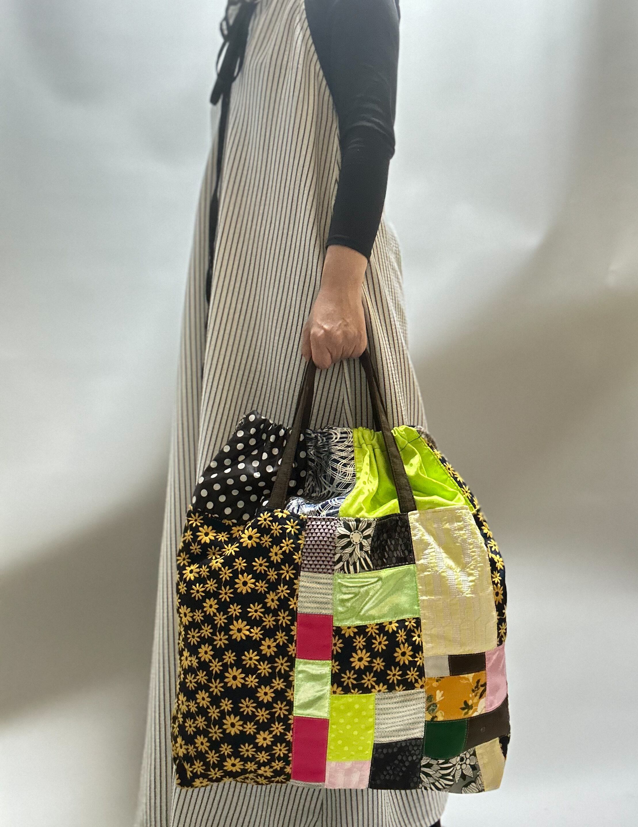 パッチワークエコバッグ③ L #キイロ×ネイビーミックス | a Linden