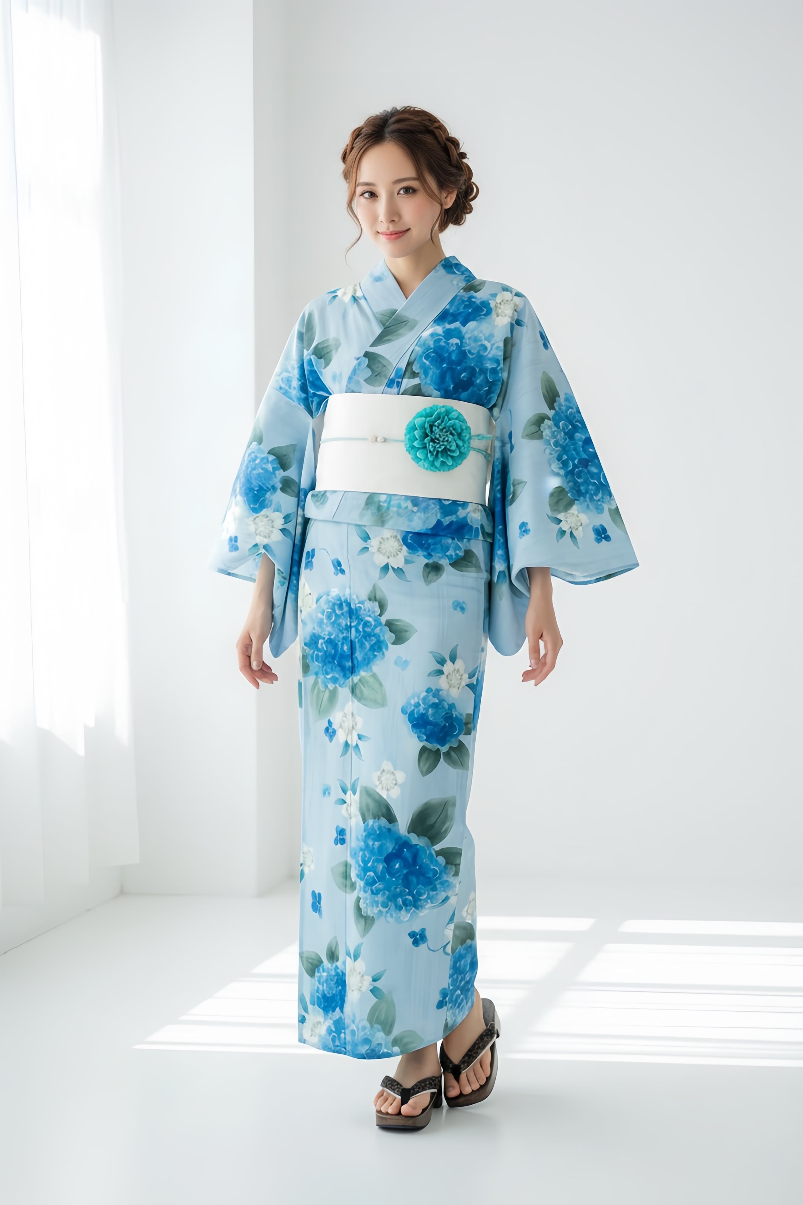浴衣ジェンヌ 浴衣5点セット 水彩画調の紫陽花や菖蒲 ライトブルー 半幅帯
