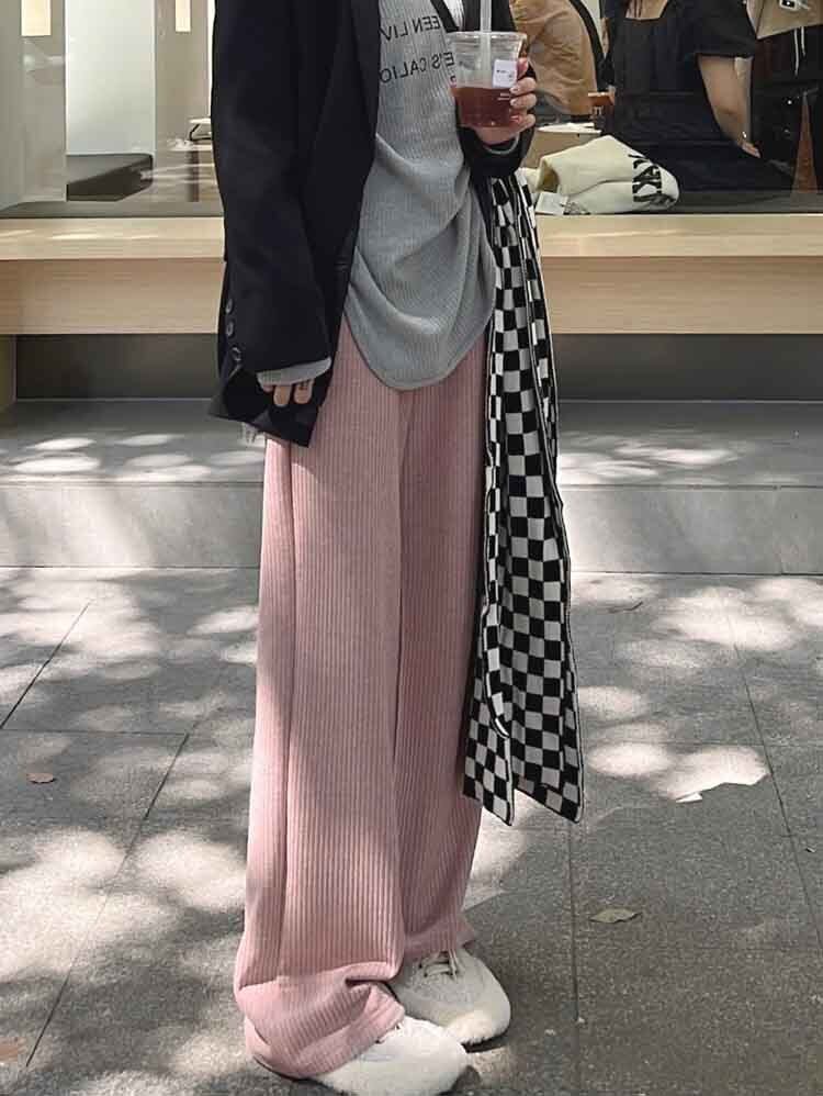 リブカットソーリラックスワイドパンツ カジュアル リラクシー かわいい ウエストゴム 大きいサイズ 韓国 CH6885