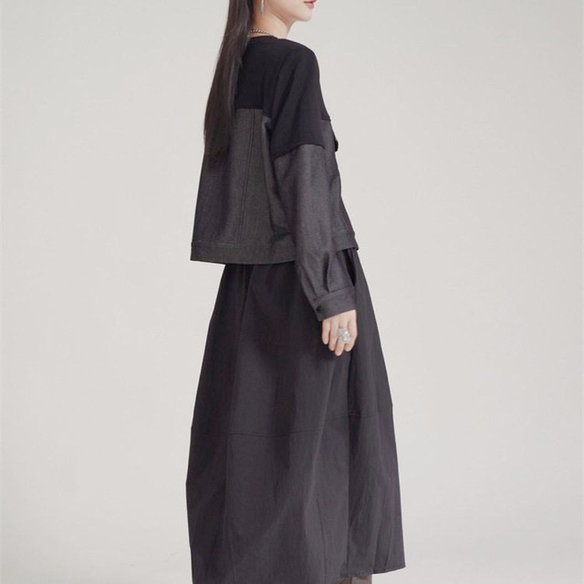 Bicolor denim switch design sweat top C0935