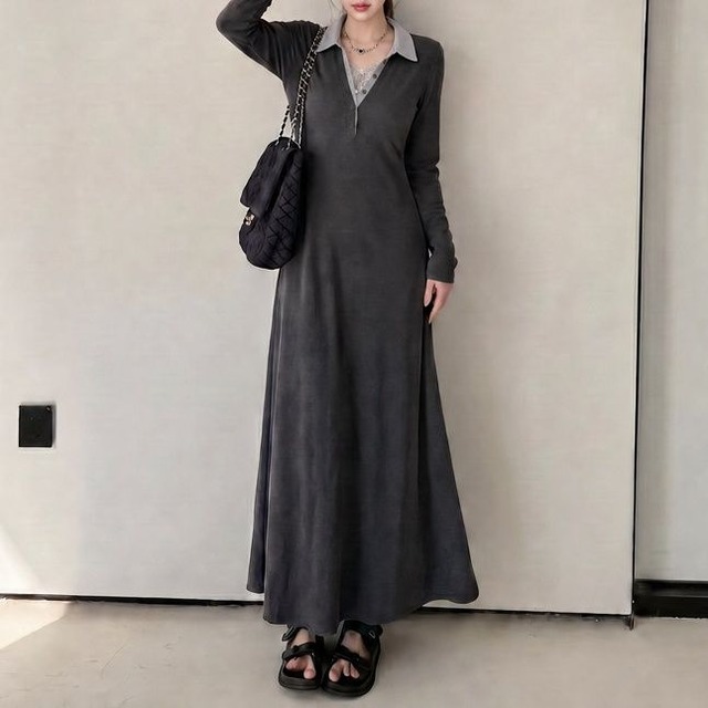 POLO COLLAR FAUX LAYERED LONG SLEEVE MAXI DRESS M-18226