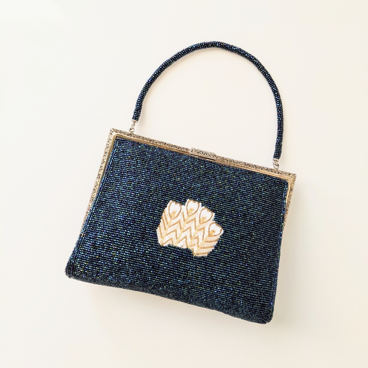 Vintage】ビーズ刺繍バッグ Vintage Beaded Bag 孔雀柄 ダークブルー 