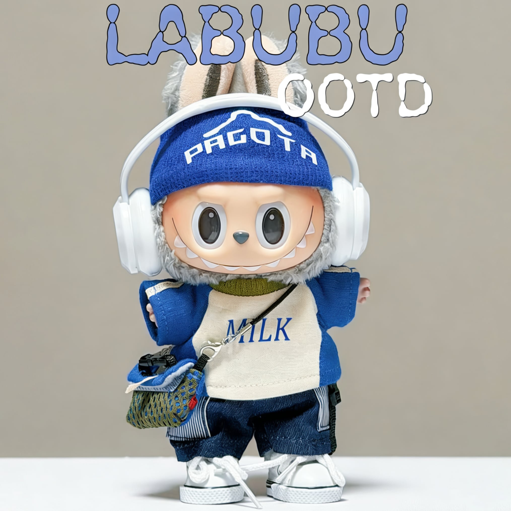 LABUBUコーデ 17cm 新作 ブルー×ホワイトが爽やか! 斜めがけバッグ付きスポーツカジュアル かっこかわいい6点フルセット 高品質