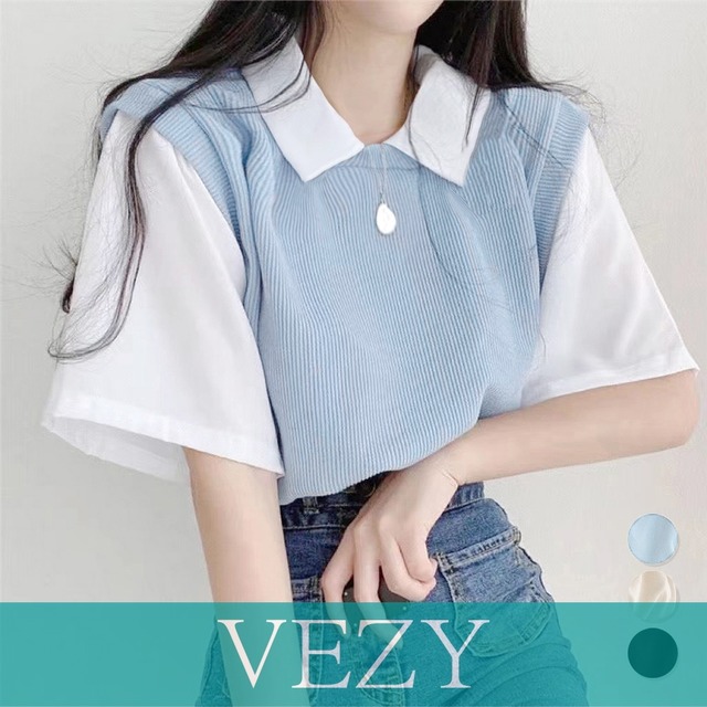 半袖ニットtシャツ レイヤード風Ｔシャツ 襟付きトップス バイカラーカットソー 切り替えtシャツ 韓国プルオーバー大人カジュアル 体型カバー 夏服配色Tシャツ 半袖VEZY ベジー  ItemNo.【19406544】
