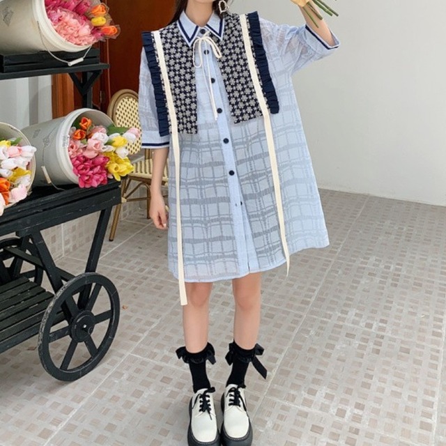 girly retro jacquard embroidered flower shawl two-piece plaid shirt dress 0994