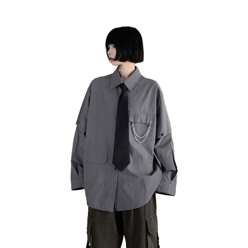 WEWILL zip 半袖シャツ シルク混 黒 L ビッグシルエット 1118-22】シャツ ビッグシルエット 半袖 長袖 切替 L グレー