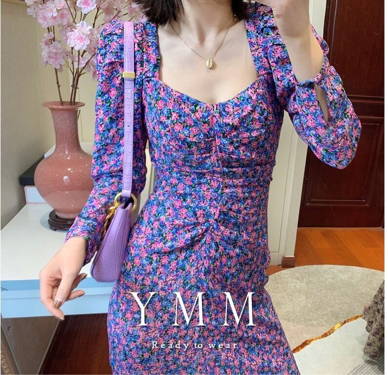 ワンピース ワンピドレス 膝下 ミモレ ミモレ丈 長袖 パフスリーブ V