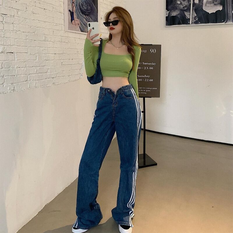 ウエストストライプスリムストレートルーズモップジーンズレディース2020秋新作パンツダークオールマッチパンツ ブラックストロベリース59314594815