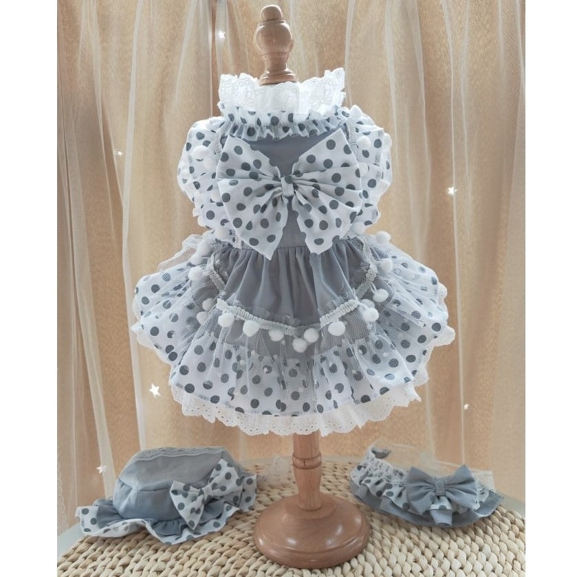 大型犬もOK 帽子と首飾りもセット!モノクロドットのリボンワンピース