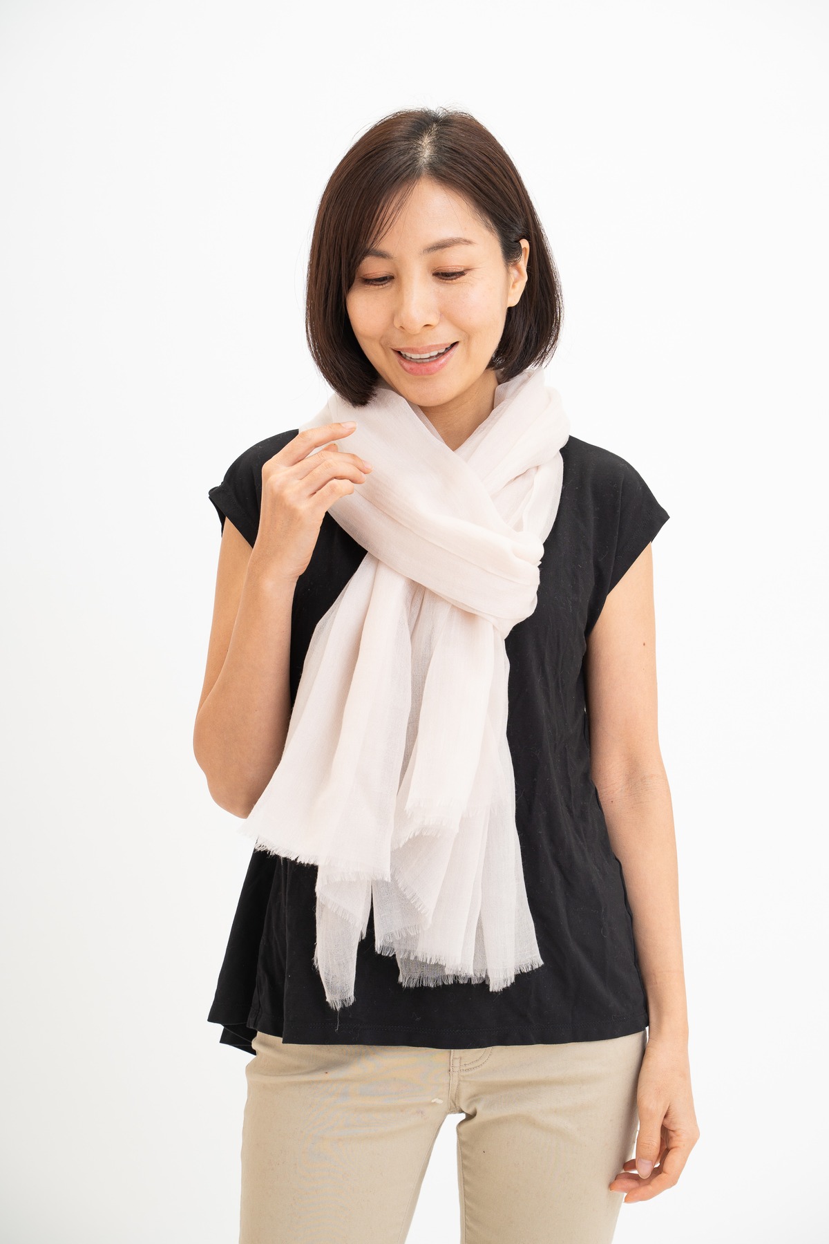 入荷未定 Tango - タンゴ/クリーム カシミヤストール100% 幅100cm×縦 