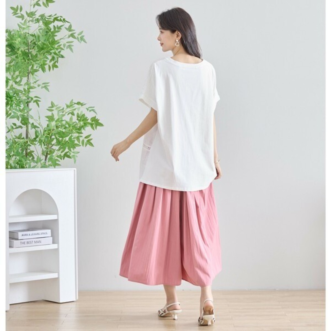 TRUBE レース＆フラワープリントチュニック風Tシャツ【L~LL】ホワイト