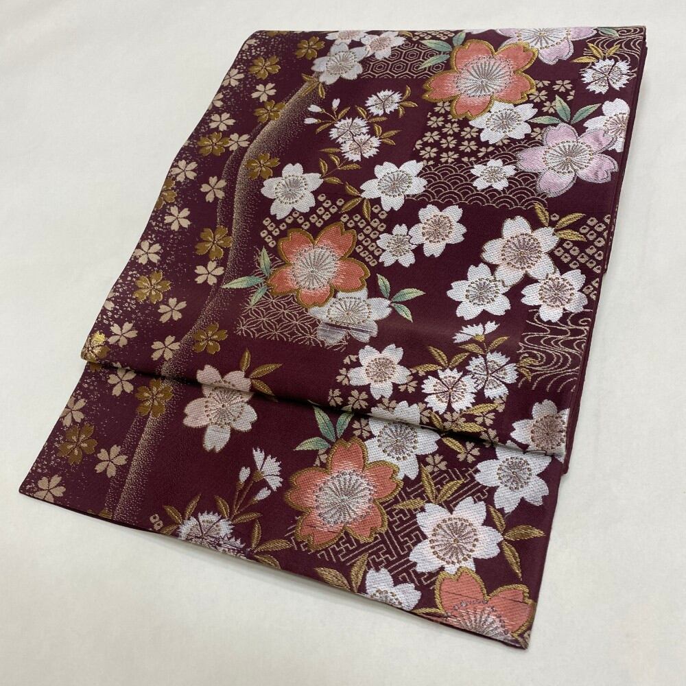 中古 礼装袋帯 正絹 草花 六通柄 レッド Cランク 421cm 6045