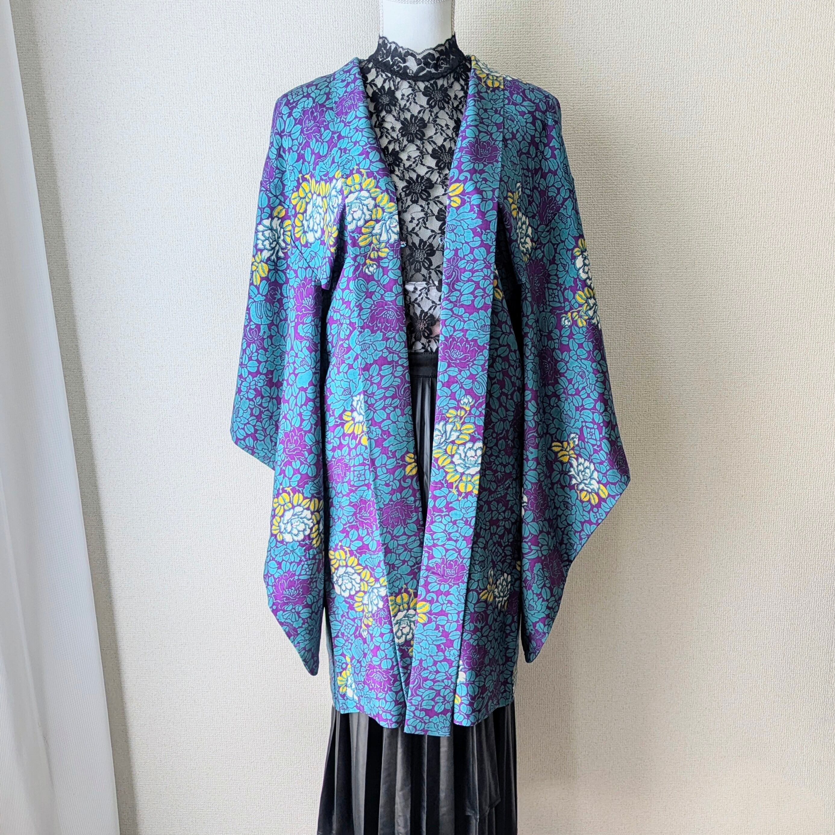 Vintage】HAORI 長羽織 羽織 正絹 型染 椿柄 大正浪漫 古布 時代布
