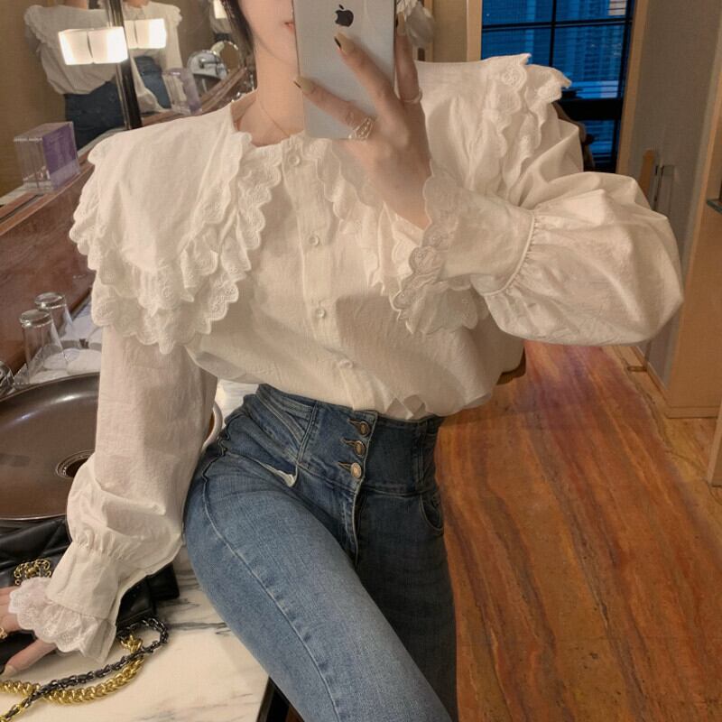 レースブラウス レディースオータムルーズホワイトシャツ 秋物 ガールズファッション33217944867