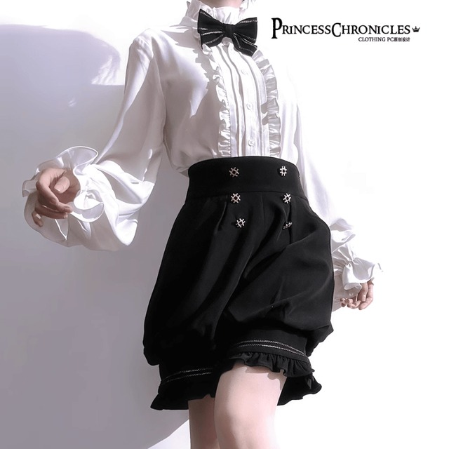 【即納Ｌ】王子系・少年装 ハイウエスト  金ボタン＆フリル  貴族風かぼちゃパンツ（黒）