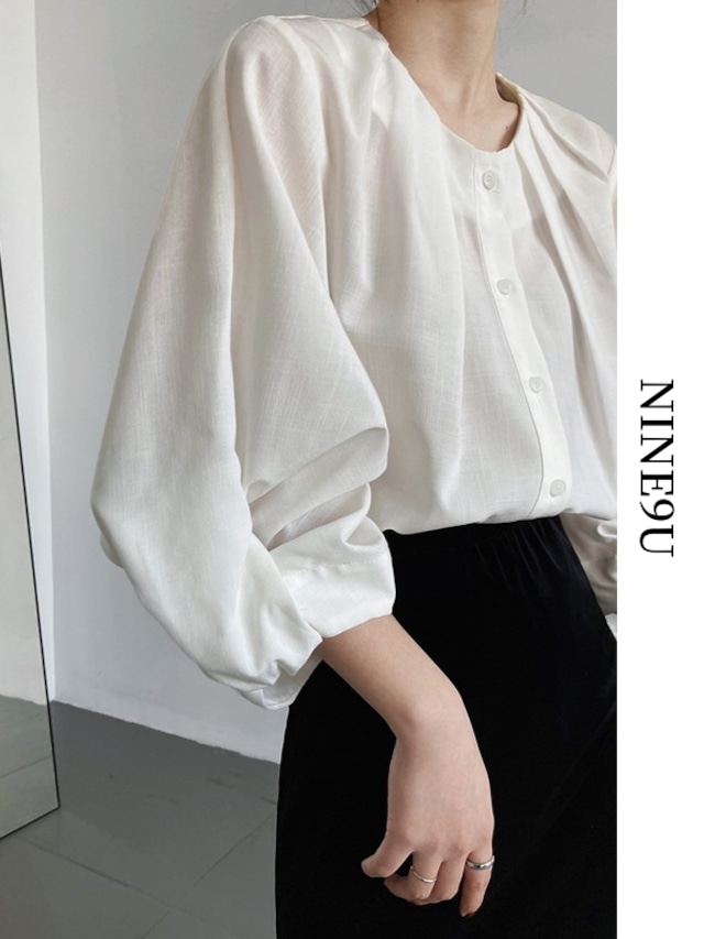 balloon-sleeve tac no-collar blouse 3color【NINE7561】