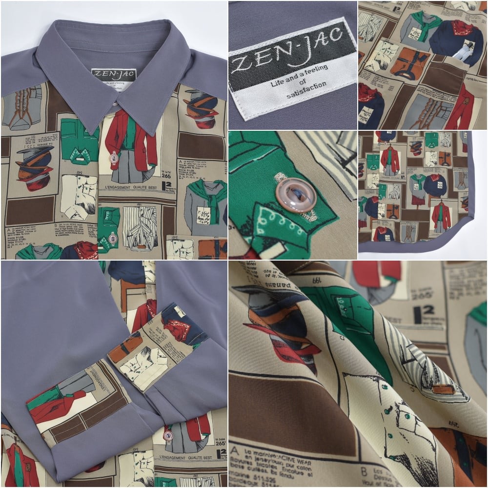 90s ZEN-JAC テーラーイラストデザイン パネル切替 ポリエステルシャツ 90s ZEN-JAC クラシック テーラーイラストデザイン パネル切替