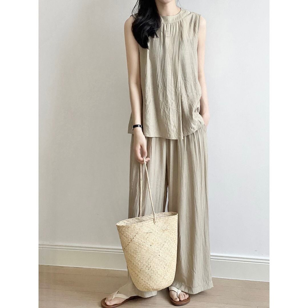 2SETノースリーブブラウス&ワイドパンツセットアップ T4066