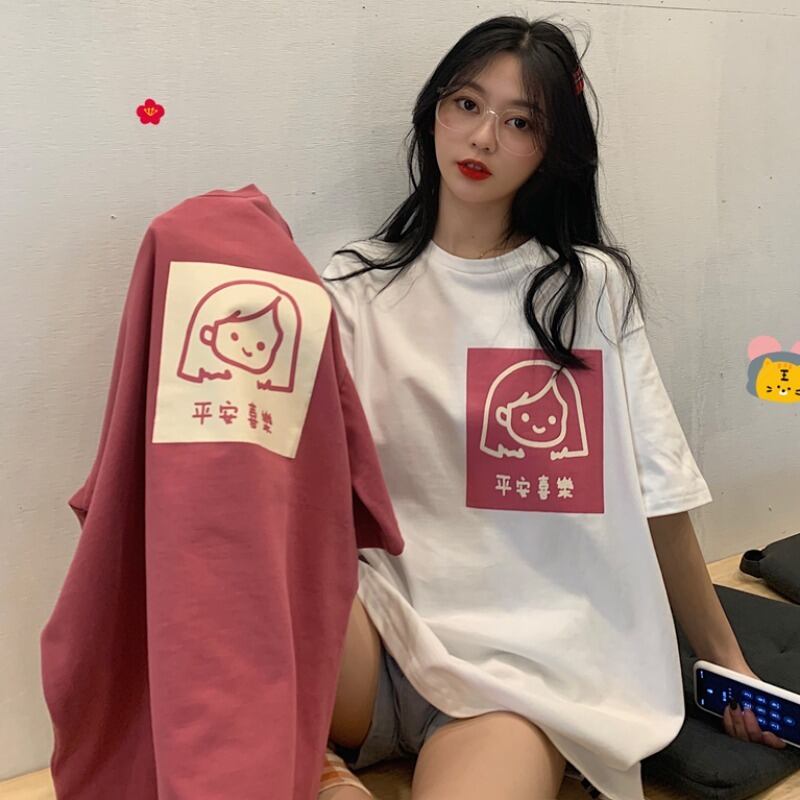 ピンクプリントの漫画ラウンドネック半袖Tシャツ2020年春夏新作女性スタイルシンプルルーズオールマッチトップス YY-ファッション88581215894