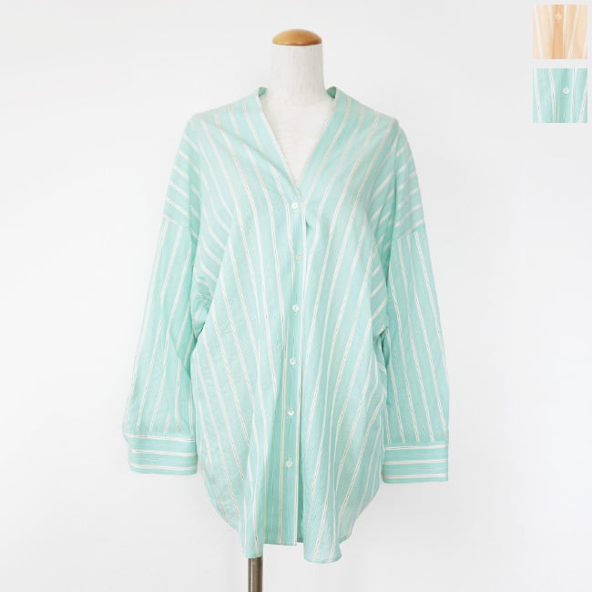 PASSIONE (パシオーネ) シャツ Vネック ストライプ ドロップショルダー 長袖 ラウンドヘム 616926