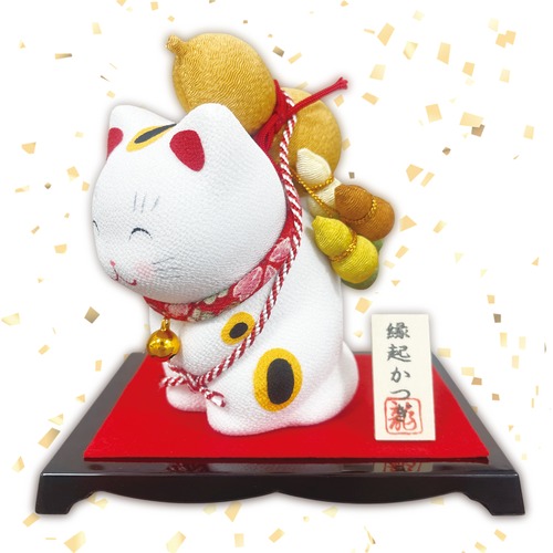 縁起かつぎ招き猫 六瓢箪 台付き手作りちりめん細工