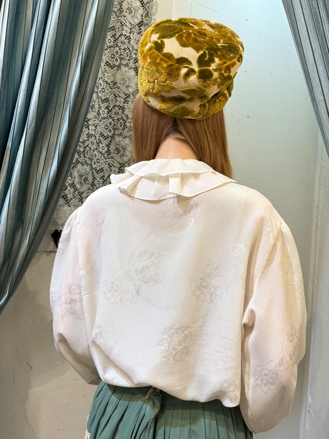 70's 80's white frill flower print blouse