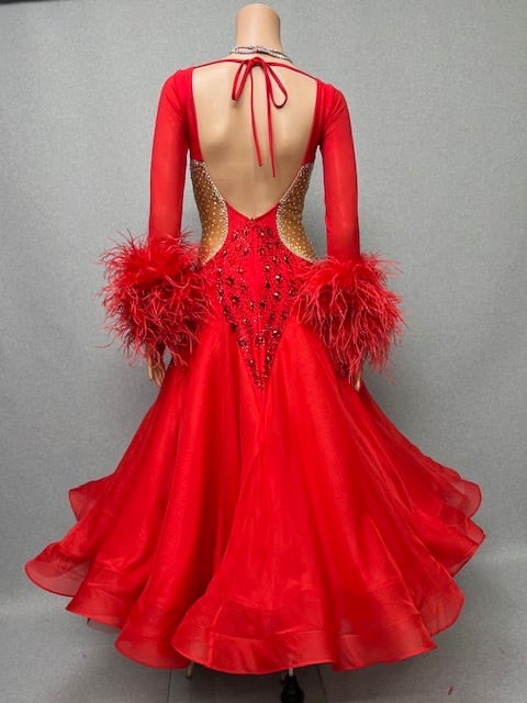 社交ダンスドレス 赤 金の装飾　長袖　フロート付　パーティドレス　デモ　ストーン 社交ダンスドレス 赤 金の装飾 長袖 フロート付 パーティドレス