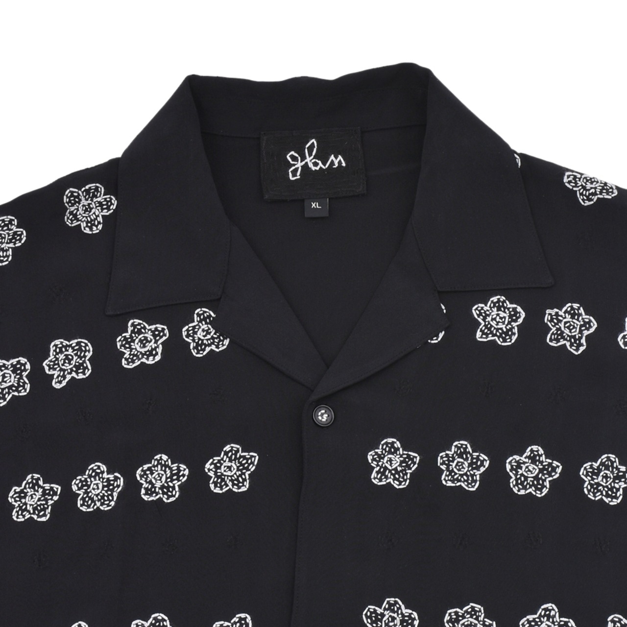 【Glass Cypress】Black SS Silk Flower Bowling Shirt - 3