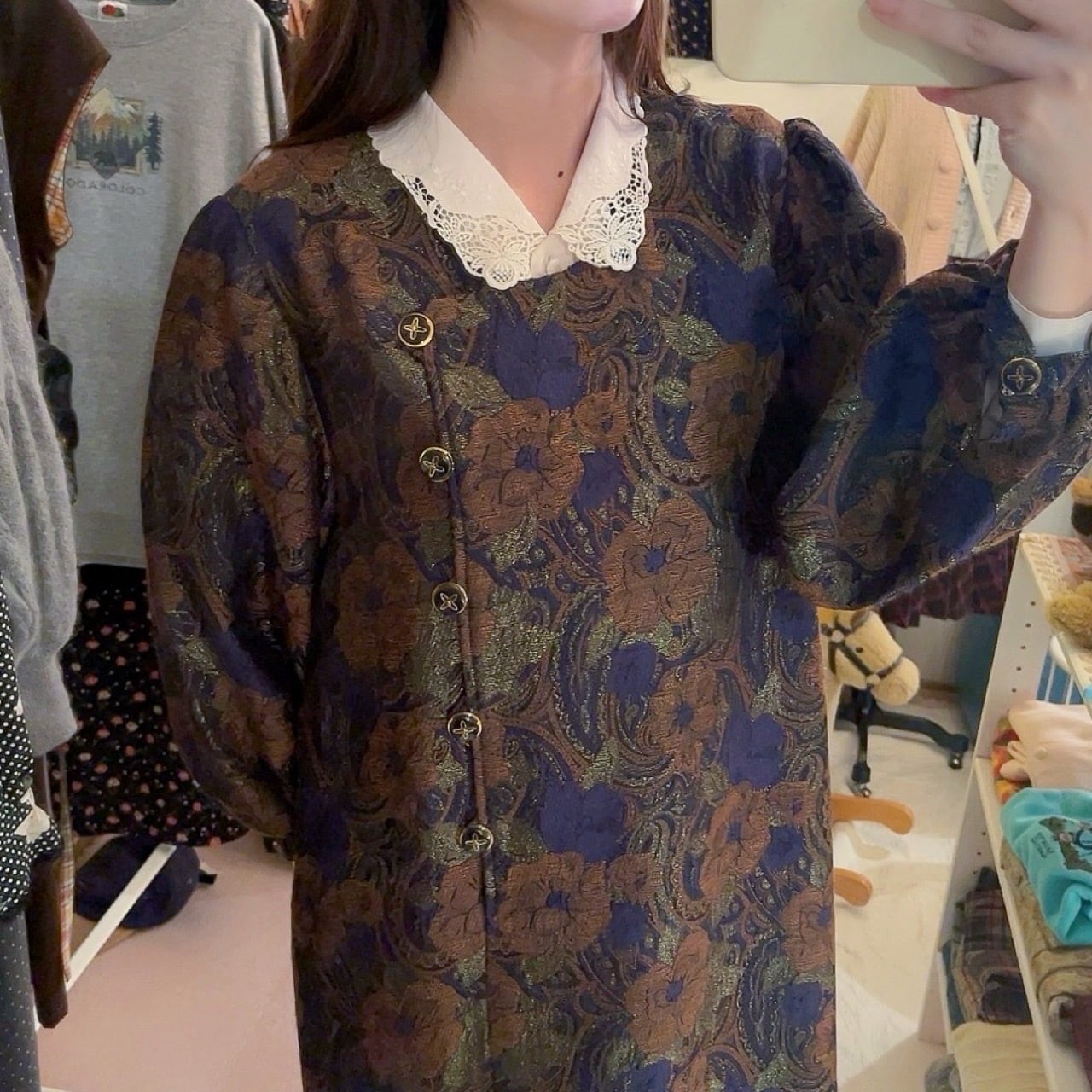 purple gold flower puff sleeve one-piece