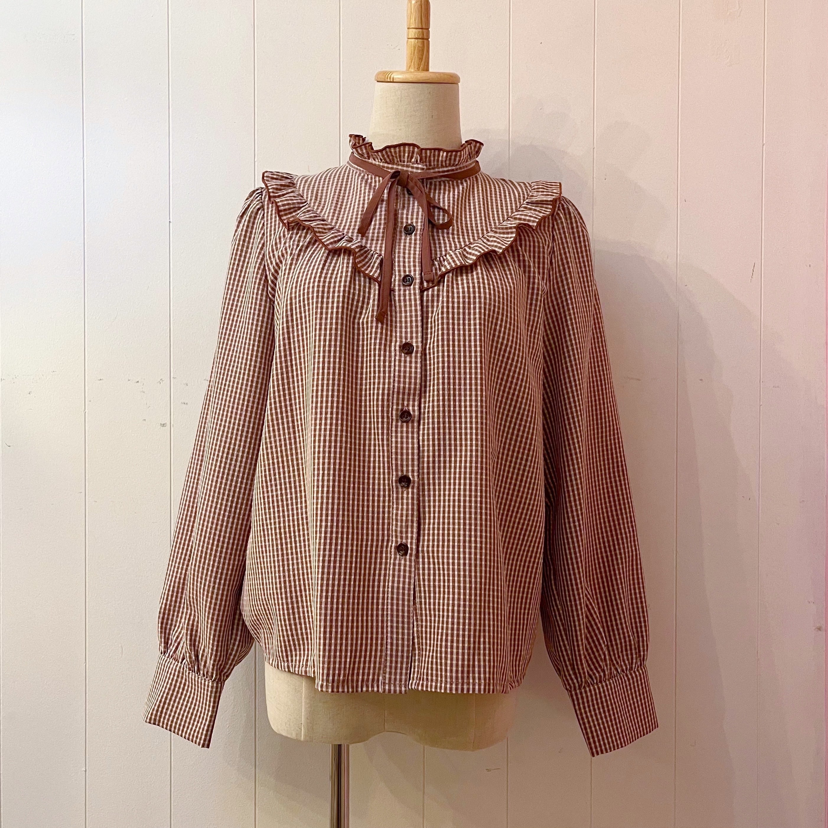 brown gingham check frill ribbon blouse