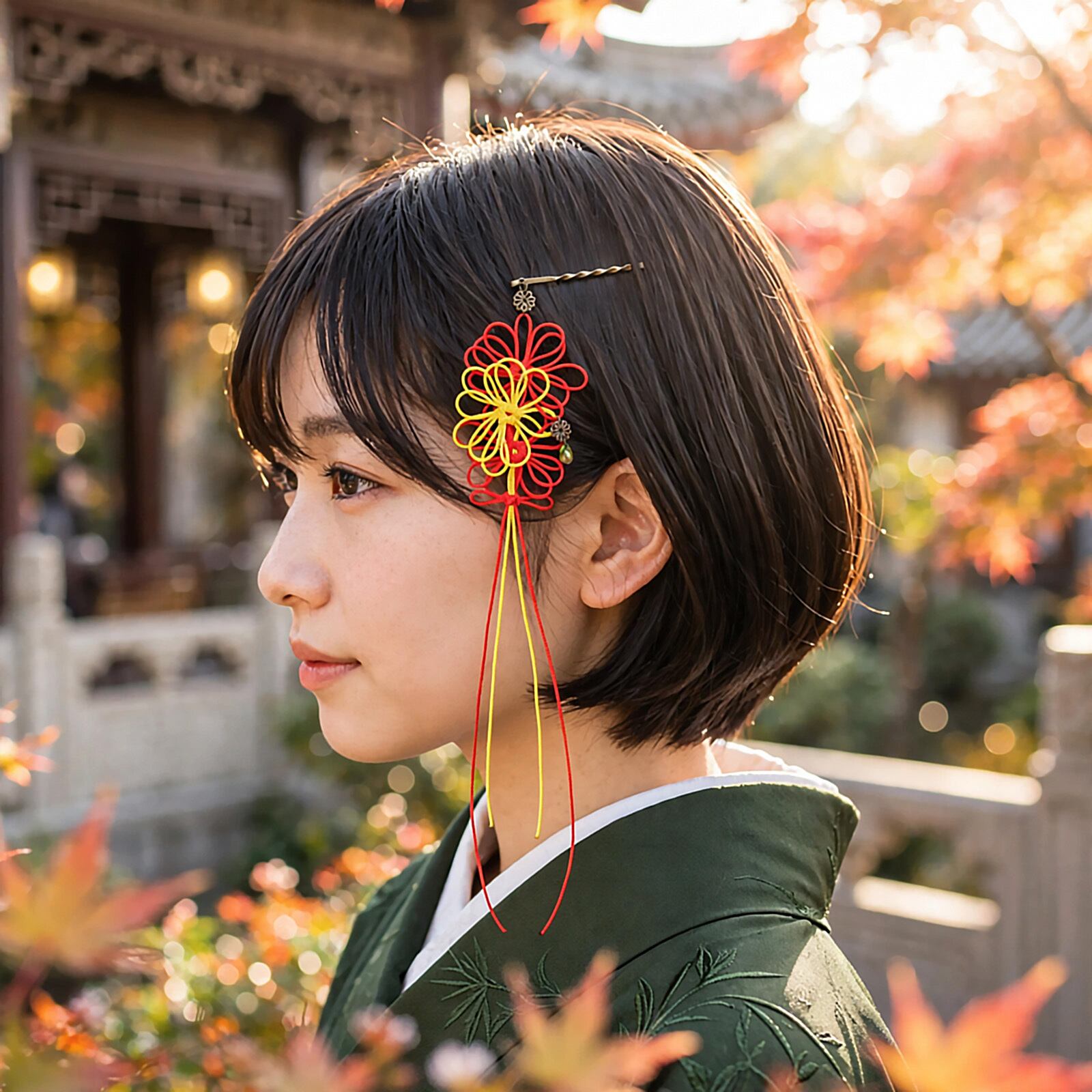 飾り結びヘアピン「香の詩、千々に」(黄×朱)【軽量快適】ショートヘアも簡単和風アレンジ。