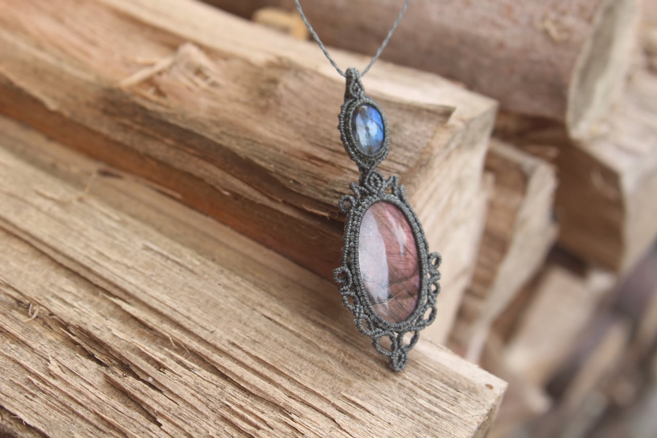 Purple Labradorite & Labradorite micro macrame pendant