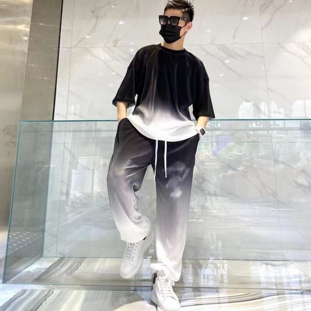 【予約販売】メンズ セットアップ 上下 半袖 ロングパンツ ストリート グラデーション ブラック ブルー 部屋着 ジム スポーツウエア カジュアル 春 夏 大きいサイズ S/M/L/XL/2XL