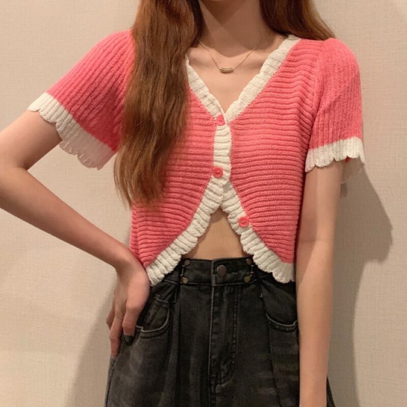 サマーVネックショートスリムカラークロップドニットカーディガンレディース 夏物 ハンチェンe33431556798