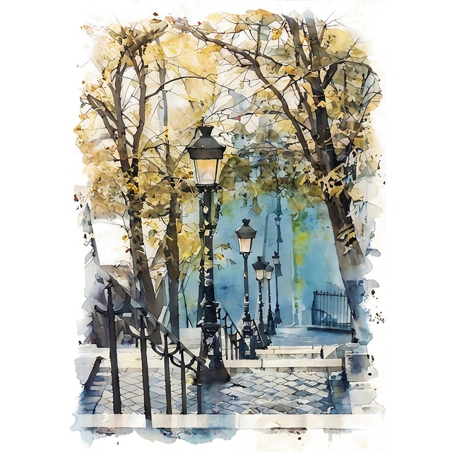 絵画 フランス 風景画(街並み)  モンマルトルの階段 インテリアアート額付き 水彩画・油絵調 WAT0481