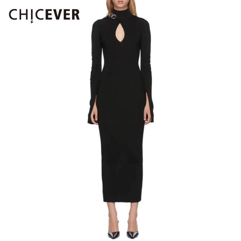 CHICEVERパーティードレススタンドカラーフレアスリーブパッチワークチェーンホローアウトウエストニットスリムドレス2021 6base560986731695