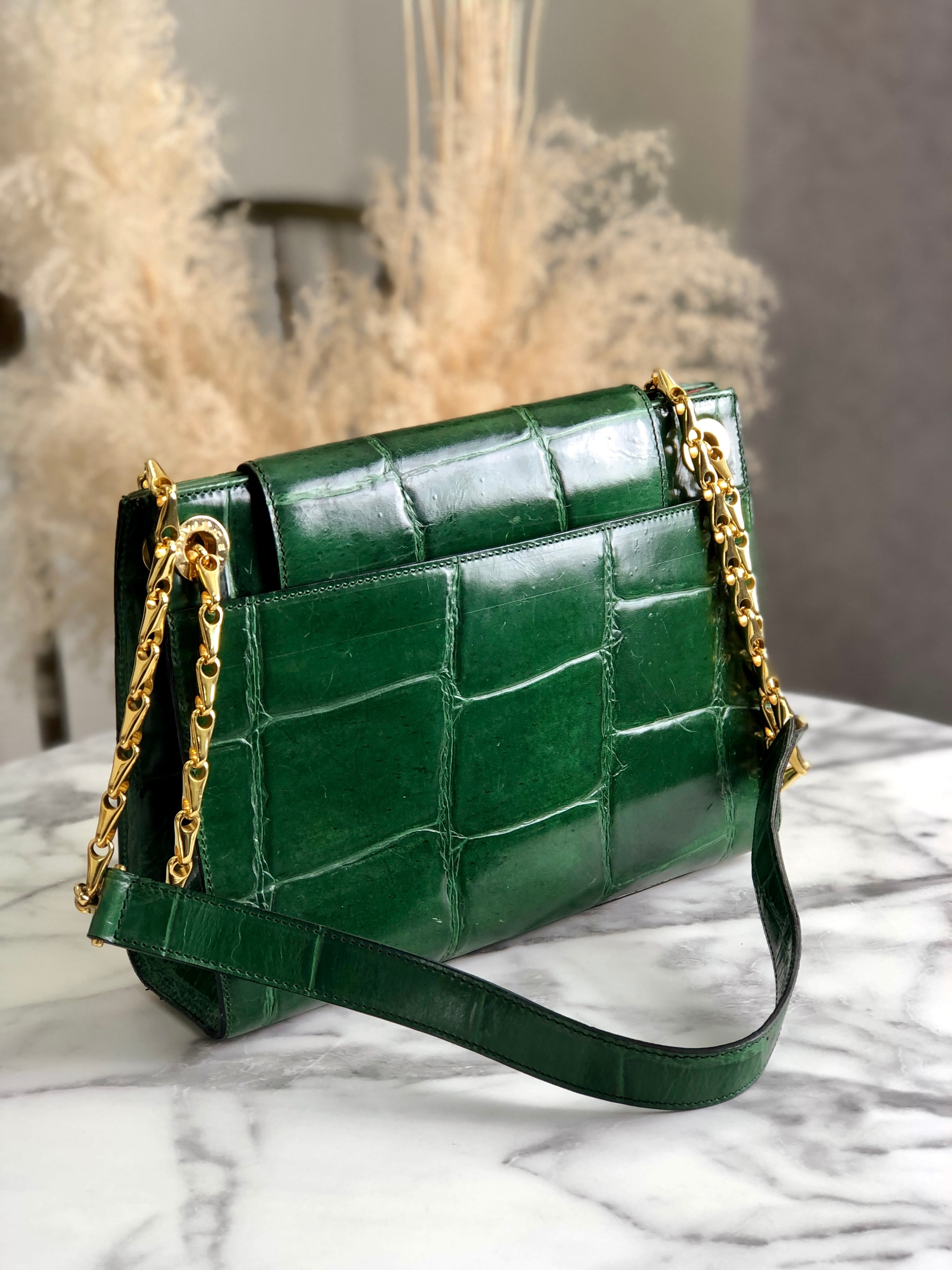 CELINE セリーヌ ショルダーバッグ グリーン レザー クロコ型 CELINE セリーヌ ショルダーバッグ グリーン レザー クロコ型