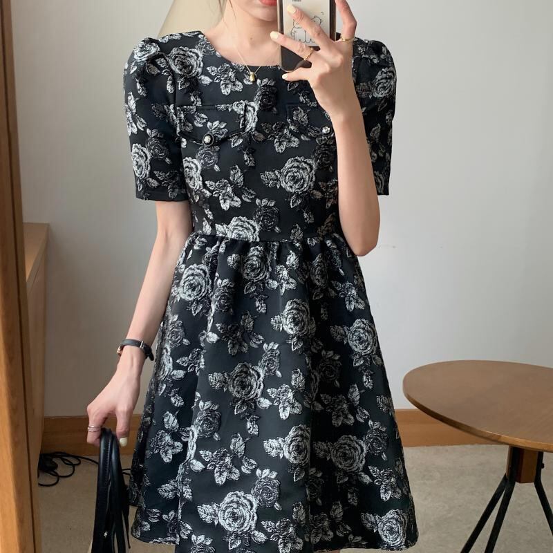 ジャカードドレス サマーハイウェストウェスト薄手ラウンドネック半袖スリーブバックレーススカート ショート ハーフスリーブ 夏物 Oネック ビッグFスモールZ韓国7320303187