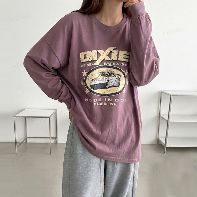 【即納】Y-5074　2026秋新作♡DIXIEヴィンテージプリント長袖Tシャツ　バーガンディー　0923