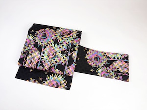 ポリエステル名古屋帯「Madras check sunflower」ブラック