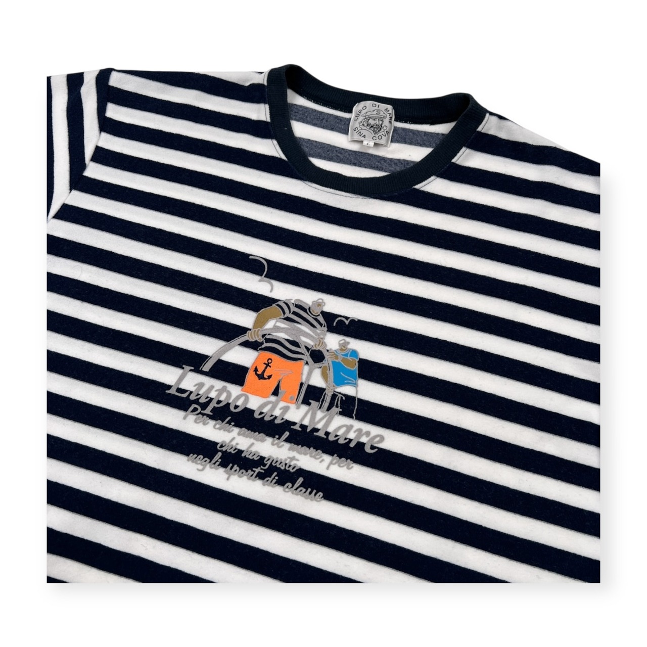 SINA COVA シナコバ プリント ボーダー柄 パイル 半袖Tシャツ カットソー サイズ L /メンズ/ホワイト×ネイビー/マリン/日本製