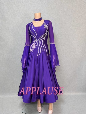 【新着】パーティードレス　社交ダンス ドレス　スタンダード　モダンドレス　パープル（ベルスリーブ）M　ST-25-22　デモ・競技用ドレス　発表会衣装　パーティドレス　ワンピース　舞台衣装
