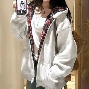 ジップ パーカー レディース 秋冬 韓国 チェック柄 バイカラー フード付き レイヤード風 重ね着風 ドロップショルダー ゆったり スウェット ライトアウター 体型カバー 学生 カジュアル ストリート 通学 旅行 お出かけ 着回し [LW-CGT006]